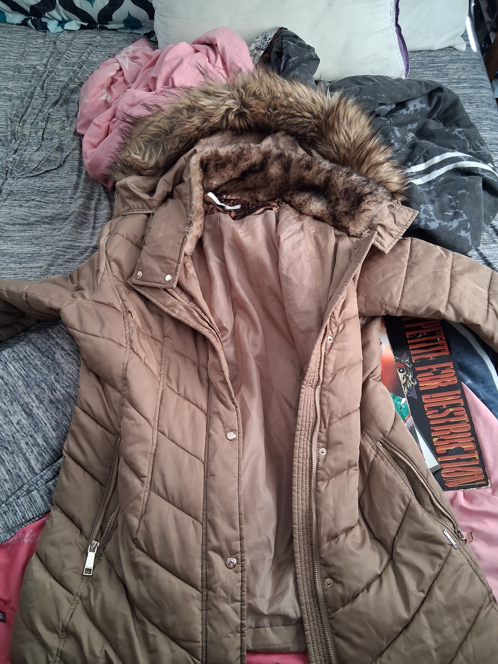 Nine West Women's Quilted Long Puffer Coat with Faux Fur Hood - Beige